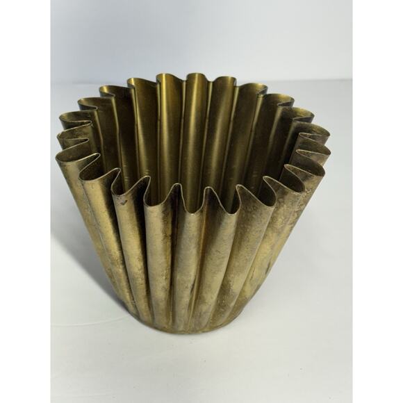 Fluted Scalloped Brass Vase with Holiday Christmas Winter Greenery Pouf Decor - Picture 7 of 11